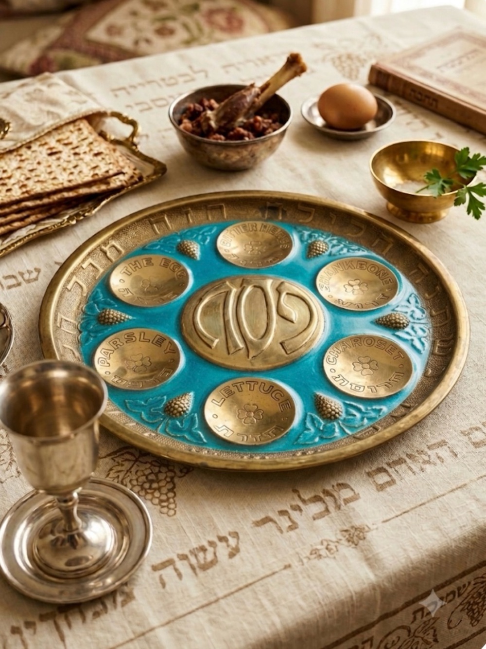 Judaica-vintage 1950’s-Passover plate-brass & turquoise enamel-made in Israel